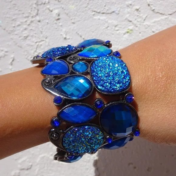 Iridescent Blue Jewel Druzy Big Stretch Bangle Statement Bracelet - Picture 2 of 5